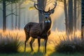 Graceful Deer Standing in Early Morning Mist - Sharp Focus on Dew-Covered Grass with Soft Glow of First Light Royalty Free Stock Photo