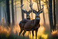 Graceful Deer Standing in Early Morning Mist - Sharp Focus on Dew-Covered Grass with Soft Glow of First Light Royalty Free Stock Photo