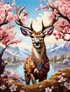 A graceful deer standing with vibrant orchard of almond blossoms, mountain view and lake, spring time, animal design