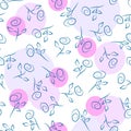 Graceful, delicate roses, lilac and pink circles on white background - vector seamless pattern