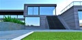 Graceful designer staircase to the terrace on the second floor. Glass panel fence. The green lawn is bounded by a white border.