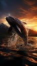 A graceful dolphin, leaping gracefully out of crystalclear waters, framed by a gradient of blu Royalty Free Stock Photo