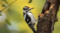 The Graceful Downy Woodpecker Clinging to the Bark of a Majestic Tree. Generative AI