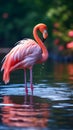 Graceful elegance Pink flamingo swimming on a serene lake