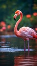 Graceful elegance Pink flamingo swimming on a serene lake