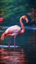 Graceful elegance Pink flamingo swimming on a serene lake