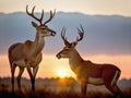 Graceful Encounters: Antelopes Embrace the Setting Sun Royalty Free Stock Photo