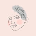 The graceful face of a girl with a twig drawn in one continuous line. Royalty Free Stock Photo