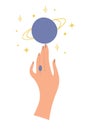 A graceful female hand touches the planet Jupiter. Flat boho sticker for astrology, predictions, witch symbol. Modern