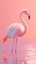 A graceful flamingo (Phoenicopterus) stands in shallow water, its pale pink plum
