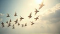Graceful flock of white doves soaring majestically against a sun-drenched, cloudy sky Royalty Free Stock Photo