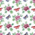 Graceful flowers with leaves and butterflies on a white background. Seamless watercolor pattern. Beautiful peony flowers drawn for Royalty Free Stock Photo