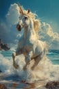Graceful Gallop: A Majestic White Horse on the Aqua Silk Sands