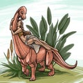 Graceful girl lying on a brachiosaurus with an exotic plants