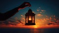 Graceful hands lift a lantern into the dusky sky, illuminating the evening, Ai Generated