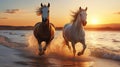 Graceful Horses Galloping Against the Seaside Sunset. Generative AI Royalty Free Stock Photo