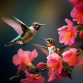Two hummingbirds flying next to flowers
