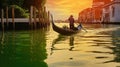 The Graceful Journey of a Venetian Gondolier, Punting through the Emerald Canals of Venice, Italy. Generative AI