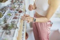 Graceful lady with smartwatch takes beautiful succulent from rack indoors