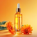 Graceful luxury cosmetic calendula extract face serum ad template.Face skin oil with calendula extract. Realistic face