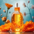 Graceful luxury cosmetic calendula extract face serum ad template.Face skin oil with calendula extract. Realistic face