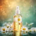 Graceful luxury cosmetic chamomile extract face serum ad template.Face skin oil with chamomile extract. Realistic face