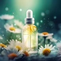 Graceful luxury cosmetic chamomile extract face serum ad template.Face skin oil with chamomile extract. Realistic face