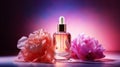 Graceful luxury cosmetic peony extract face serum ad template.Face skin oil with peony extract. Realistic face moisture