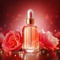 Graceful luxury cosmetic rose face serum ad template.Face skin oil with rose extract. Realistic face moisture serum