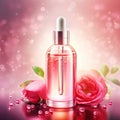 Graceful luxury cosmetic rose face serum ad template.Face skin oil with rose extract. Realistic face moisture serum