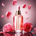 Graceful luxury cosmetic rose face serum ad template.Face skin oil with rose extract. Realistic face moisture serum