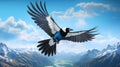 Graceful magpie in flight against mountainous horizon. majesty of birds. Ornithology, birdwatching, scientific research