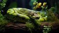 Graceful Majesty: A 4ft Green Tree Python in a Moss-Covered Rainforest
