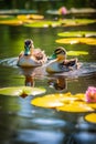 Graceful Mallard Ducks Gliding in Serene Sunlit Pond Royalty Free Stock Photo