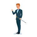 Graceful man in business suit, stands with cane in hands.