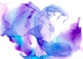 Curved fluffy transparent blue-violet waves in abstract fluid art technique
