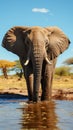 Graceful moment: African elephant drinks at a waterhole oasis peacefully.