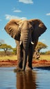 Graceful moment: African elephant drinks at a waterhole oasis peacefully.