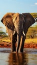 Graceful moment: African elephant drinks at a waterhole oasis peacefully.