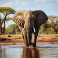 Graceful moment: African elephant drinks at a waterhole oasis peacefully.