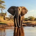Graceful moment: African elephant drinks at a waterhole oasis peacefully.