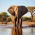 Graceful moment: African elephant drinks at a waterhole oasis peacefully.