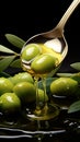A graceful olive branch accompanies a jet of olive oil and a spoon