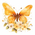 Graceful orange butterfly and watercolor flowers. Delicate floral arrangement with butterfly