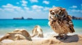 Graceful Owl On Sandy Beach: Spectacular Backdrops And Visual Puns Royalty Free Stock Photo