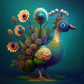 The graceful peacock strolls through the field full of flowers - Generate Artificial Intelligente - AI Royalty Free Stock Photo