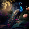 The graceful peacock strolls through the field full of flowers - Generate Artificial Intelligente - AI Royalty Free Stock Photo