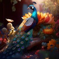 The graceful peacock strolls through the field full of flowers - Generate Artificial Intelligente - AI Royalty Free Stock Photo