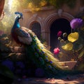 The graceful peacock strolls through the field full of flowers - Generate Artificial Intelligente - AI Royalty Free Stock Photo