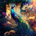 The graceful peacock strolls through the field full of flowers - Generate Artificial Intelligence - AI Royalty Free Stock Photo